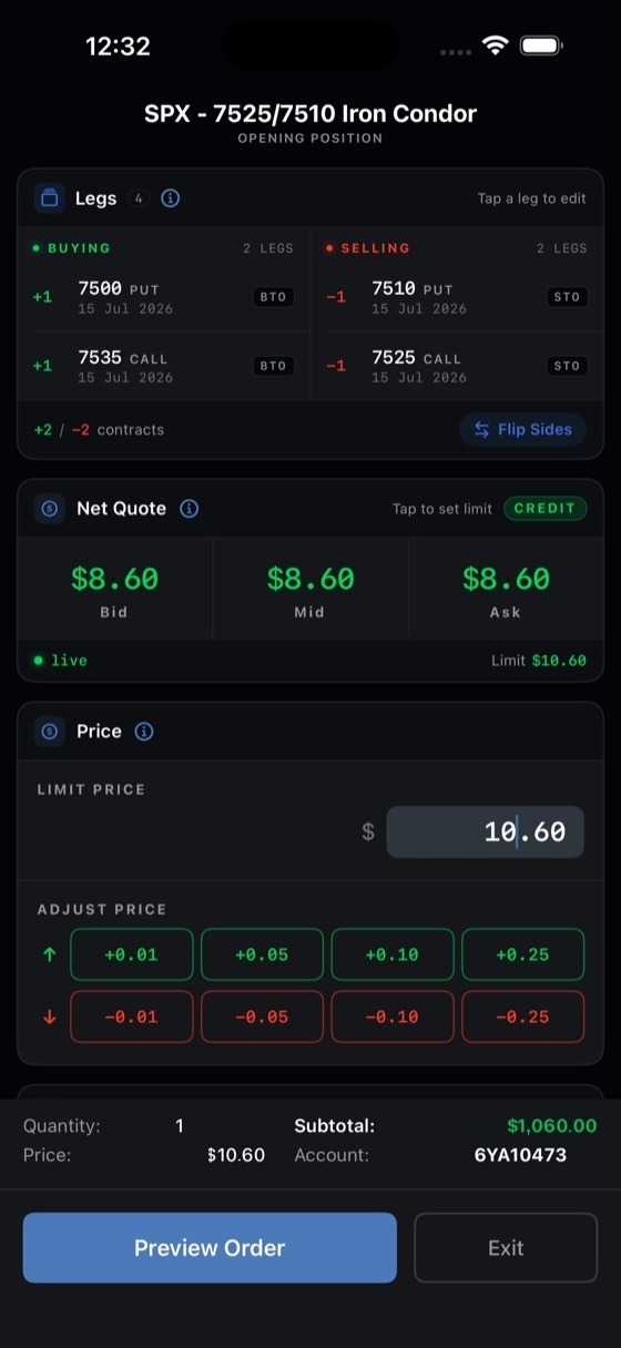 Multi-leg options order ticket with live net quote in Spreadable dark mode