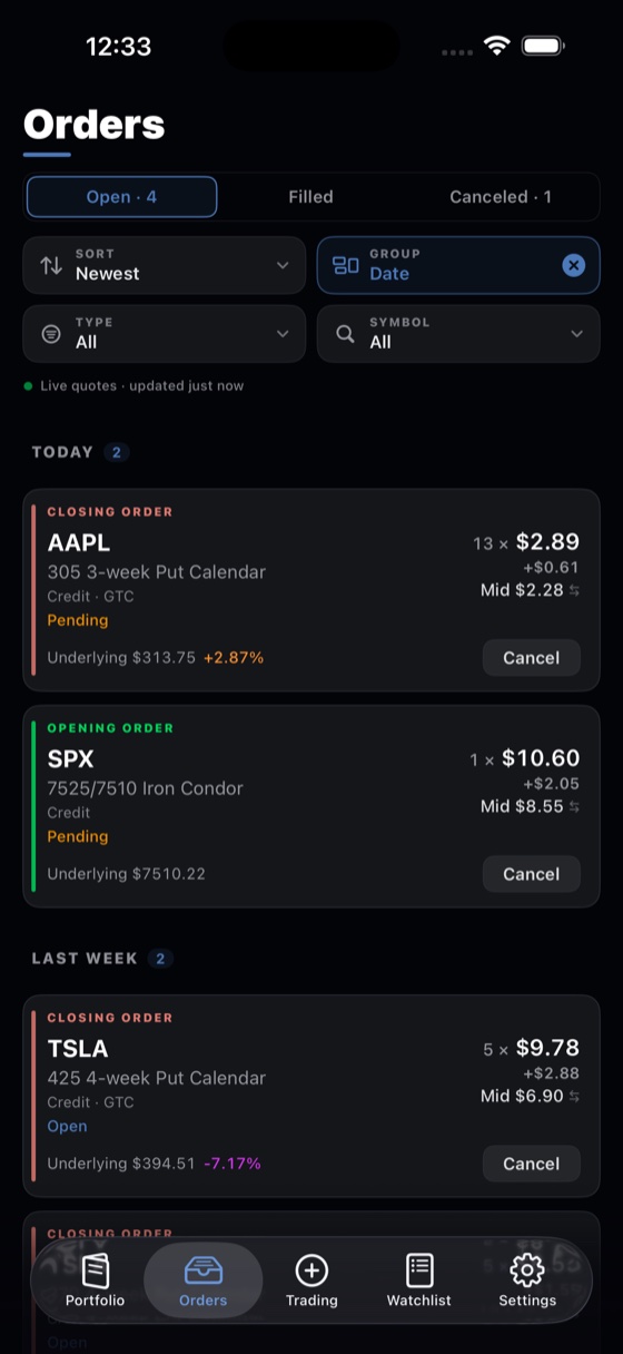 Live working orders list in Spreadable dark mode, powered by Tradier