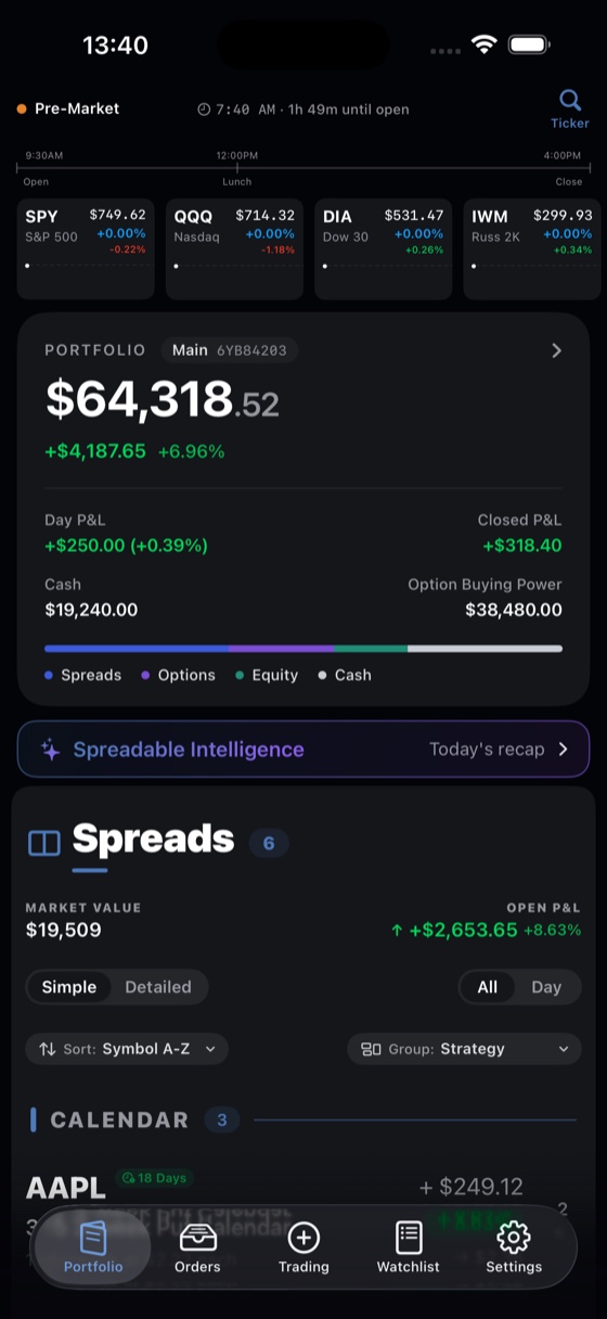 Spreadable portfolio grouped by spread strategy in dark mode