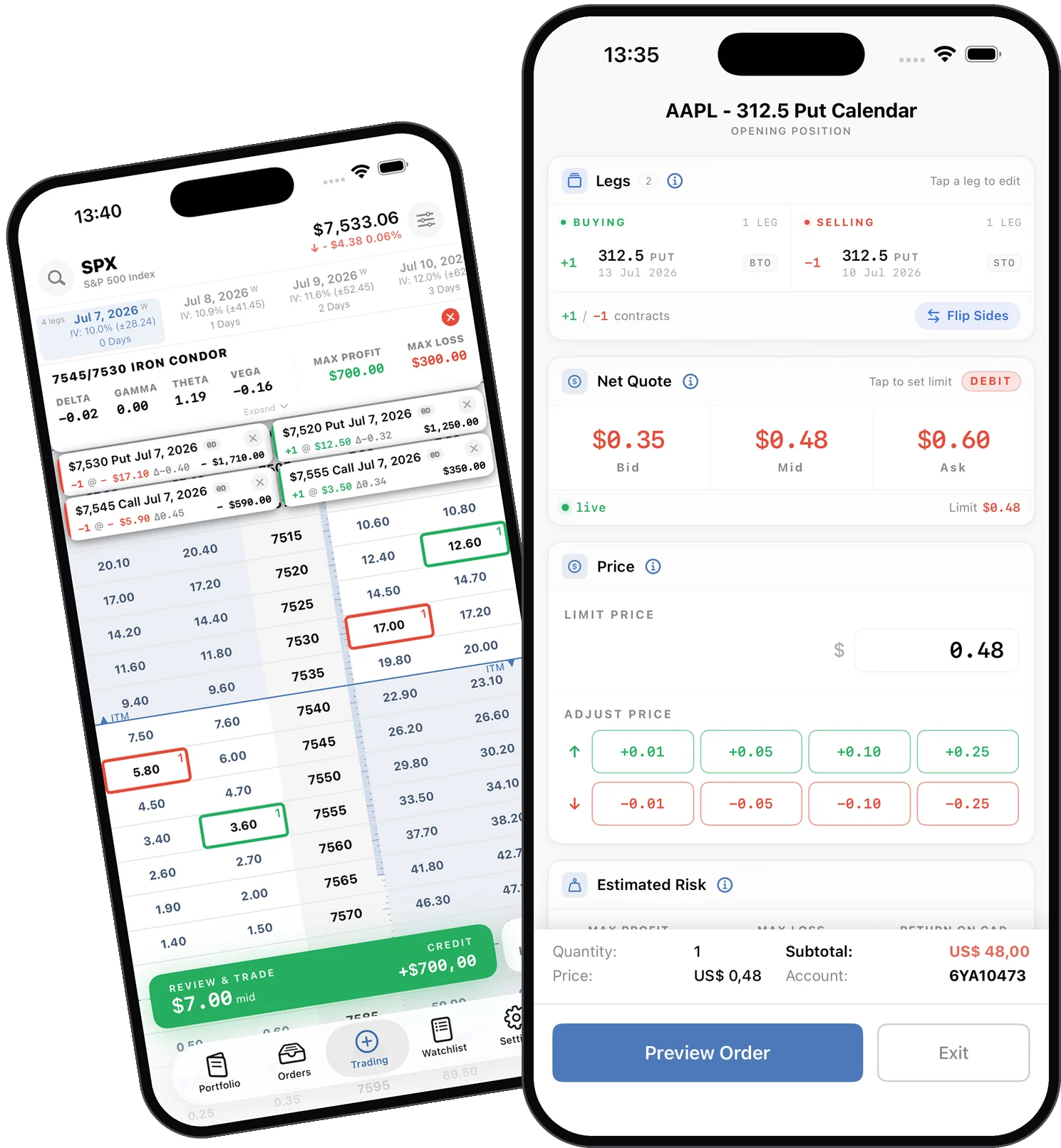 Option chain spread builder and order management on iPhone 17