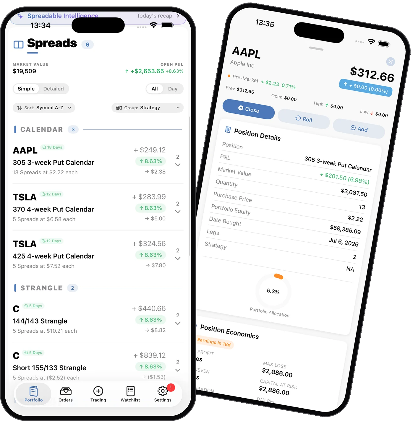 Spreadable spreads watchlist with earnings dates and position detail on iPhone 17